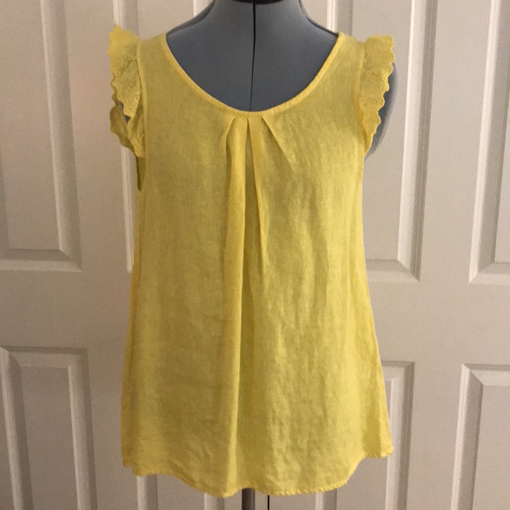 Women’s Yellow Flutter Sleeve Linen  Top. Italian Linen.